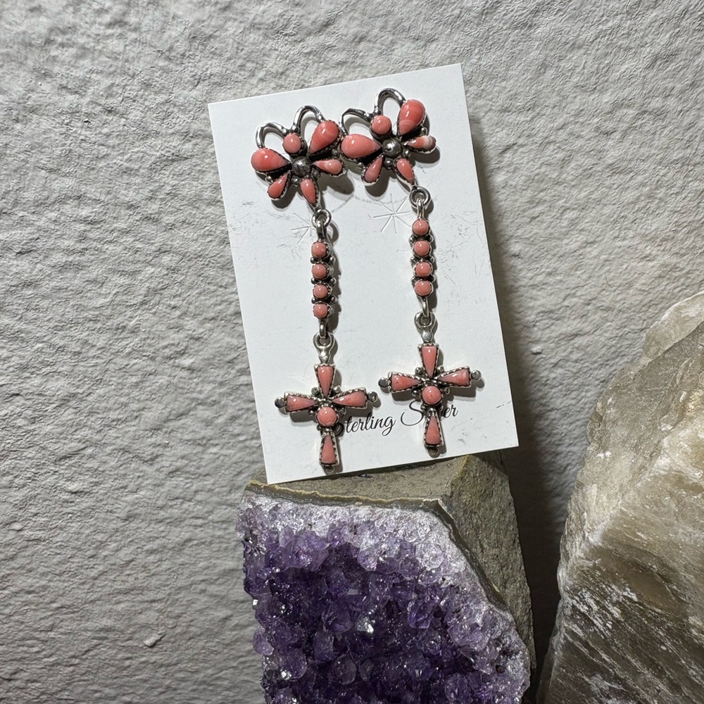 Pink Coral Cross Dangle and Butterfly Earrings